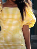 MQTIME  -  Summer Square Collar Evening Dress Elegant Lady Slim Wrap Hips Dress 2025 New Fashion Checkered Printed Puff Sleeve Short Dress