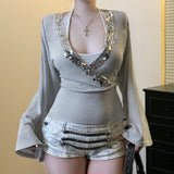 MQTIME  -  Sequins Patchwork Bright Silk T-shirts Women Sexy Deep V Neck Flare Long Sleeve Lace Up Backless Slim Tees Night Clubwear Tops
