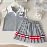 MQTIME  -  Baby Girl College Style Summer 2PCS Clothes Set Polo Collar Kid Girl Vest Top Set Thin Stylish Stripe Pleated Skirt Belle Outfit