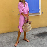 MQTIME  -  Women Simple Single-breasted Shirt Dress Fashion Long Sleeve Mid-Length Beach Summer Side Slit Sundress with Belt