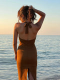 MQTIME  -  Sexy Hollow Out Women's Dressess Sexy Slim Halter Sleeveless Hip Package Long Robes Female 2025 Summer New Lady Beach Club Dress