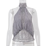  MQTIME  -  Women Solid Sheer Lace Halter Tank Top Y2k High Neck Sleeveless Ruched See Through Slim Blouse Ladies Street Summer Shirt