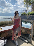 MQTIME  -  Retro niche floral irregular mesh camisole dress 2024 spring/summer new beach style fashion versatile design sense dress