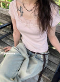 MQTIME  -  Low Saturation Lace Trim Design ort Sve T-irt Retro Korean Sle Commute Sle Summer Collection Slimming ort Length