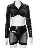 MQTIME  -   Weird Puss PU Patchwork Sexy 2 Piece Set Women Autumn Hipster Full Zip Crop Jacket+Shorts Matching Clubwear Midnight Outfits