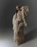 MQTIME  -  Boho Chic Maternity Dress for Pregnancy – Ivory White Lace Maxi Gown with Ruffled Long Sleeves, Pearl Embellishments High Slit