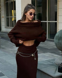 MQTIME  -  Women Burgundy Knit Long Skirt Sets Elegant Slash Neck Full Lantern Sleeve Top Maxi Skirts Outfit 2024 Autumn New Two Piece Set