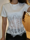  MQTIME  -  Sexy O Neck Regular Lace T-shirt Top Women See Through Patchwork Short Sleeve Female T-shirt Top Spring Summer Clothes