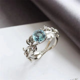 Mqtime Creative Crystal Aquamarine Leaf Branch Ring for Women Fashion Design Zircon Hollowed Silver Finger Rings Jewelry Wholesale