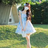 MQTIME  -  Party Mini Dresses Women Sweet Bow Floral Printed Ruffles Flying Sleeve Square Collar Princess Elegant Dress Female