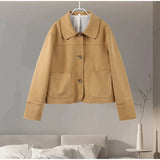 MQTIME  -  Casual Suede Brown Short Jacket Women Retro Solid Loose Single-breasted Full Sleeve Female Coat Chic High Street Lady Outerwears