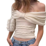 MQTIME  -  Women Knitting Top Off The Shoulder Sweater 2025 Women's Pure Desire Knit Top Designer Off Shoulder Bow Detail Slim Fit Sweater