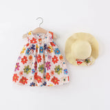 MQTIME  -  2Piece Summer Kids Dresses For Girls Korean Fashion Flowers Print Chiffon Sleeveless Cotton Toddler Dress+Hat Baby Clothes B035