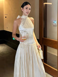 MQTIME  -  White French Style Evening Dress Sleeveless Silk Ribbon Pleated Slim Formal Occasion Dressing Gown Wedding Bridal Toast Dress