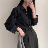 MQTIME  -  Korean Fashion Office Lady Blouse Pinstriped Printing Long Sleeves Casual Design Lady Shirts  Loose Long Sleeves