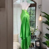 MQTIME  -  Elegant Neon Green Women's Spaghetti Strap Satin Mermaid Evening Dresses Rhinestone Diamond Decor Sleeveless Formal Party Gown