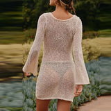 MQTIME  -  Twist Knitted Hollow Ups Women Fashion Solid V-Neck Crochet Pullover Dress Casual Vacation All Match Long Sleeve Mini Dress