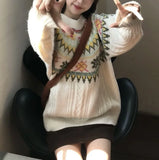 MQTIME  -  Women Knitting Sweater Winter New Women's Retro O-neck Sweet Sweater Fair Isle Jacquard Korean Lazy Knit Top