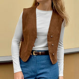  MQTIME  -  Suede Matte V-neck Women's Vest Solid Button Closure Sleeveless Slim Fit Female Vest Fashion Elegant Autumn Waistcoat For Ladies