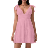MQTIME  -  Women Summer White Dress Bow Lacing Strap V-Neck Hollow Eyelet Ruffle Hem A-Line Short Cami Dresses