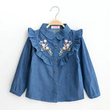 MQTIME  -  Kids Girl Denim Blouses Spring Autumn Long Sleeve Turn Down Collar Embroidered Flowers Girls Shirt 4-12Years