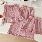 MQTIME  -  Children's Clothing Sets Plaid Print Sleeveless Top + Wide Leg Pants + Shorts 3 Pcs Sets Girls Clothes 2 To 8 Years Outfit Sets
