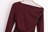 MQTIME  -  Asymmetric Long Sleeve Top Women 2025 New Spring Casual Slim Shirts Blouse Female Off Shoulder Burgundy Shirts & Blouses Tops