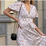 MQTIME  -  Floral Ruffles Patchwork Maxi Dress Women Summer V-neck Puff Sleeve High Waist Fashion Robes Lady Elegant Prty Long Drsss 2025