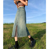 MQTIME  -  2024Women's Vintage Denim Half Skirt Women's New High Waist Wrapped Hip Slim A-line Skirt Mid length Skirt