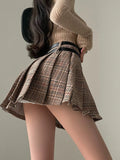 MQTIME  -  Preppy Style Plaid Skirt Women Brown High Street Pleated Mini Skirt Y2k Vintage Autumn Winter Belt Korean Fashion Outfit