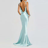 MQTIME  -  Summer Off Shoulder Suspender Satin Robe Dress Simple Solid Color Slim Fit Women's Wedding Dress Elegant Backless Party Dresses