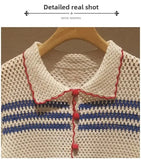 MQTIME  -  Elegant Hollow out Knitwear Polo Collar Short Style Summer New Arrival Women's Fashion Light Weight Polyester Fiber Top