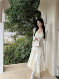 MQTIME  -  Spring Elegant Knitted Dress Women Lace Patchwork Koeran Princess Midi Dress Female Casual Sweet Even Party Fairy Dress