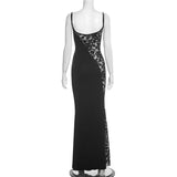 MQTIME  -  Lace Patchwork Bodycon Camisole Maxi Dress Women Fashion Spaghetti Straps Backless Slim Birthday Party Long Robe Evening Gown