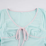 MQTIME  -  Sweet Contrast Color V Neck Half Sleeve Temperament Slim All Match Y2k Knitted T-Shirts