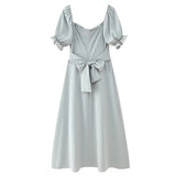 Mqtime Elegant Square Neck Ruffle High Waist Summer Party платье женское Sexy Off Shoulder Tie A Bow A-Line Backless Club Midi Dress