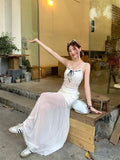  MQTIME  -  Bowknot-tied Lace Camisole with Net Yarn Patchwork and a Body-hugging Half Long Skirt