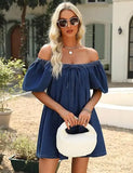 MQTIME  -  Summer New Fashion Square Neck Women Bubble Sleeve Dress Simple Strap Up Elegant Female Denim Short Dresses