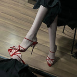 MQTIME  -  Red Pointed-toe High Heels New Straight Strap Open-toe Sandals Patent Leather Stiletto Heel Sexy Slippers Women