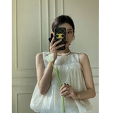 MQTIME  -  Summer New French Small Fragrance Style Paired Feather Sleeveless Doll Shirt Female Round Neck Short White Tank Top Women Trendy