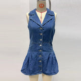 MQTIME  -  Lapel V-neck Sleeveless A-line Denim Dress for Women Pleat Ruff Hem Short Skirt High Street Single-breasted Elegant Casual Skirt