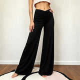  MQTIME  -  Women's Elastic Waisted Wide Leg Pants V-Cross Front Design Casual Solid Micro Flared Full Length Trousers All Match Bottoms Chi