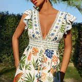 MQTIME  -  Women Summer Dress Elegant Floral Print Loose Hem Maxi Dress Spring V Neck Butterfly Sleeve Bohemian Holiday Dress Vestido Mujer