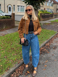 MQTIME  -  Women Brown Suede Leather Jacket Vintage Lapel Single Breasted Long Sleeve Pocket Slim Outerwear Spring Lady Chic Top 2025