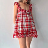 MQTIME  -  Sweet Playful Suspenders Beach Dress Plaid Print Sleeveless Loose Women's Short Dress Sexy Ruffle Edge Holiday Mini Dresses