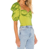 MQTIME  -  Vintage Green Puff Sleeve Sexy Shirts Women 2024 Summer Party Club Wear Cropped Streetwear Fashion 2000s Short Blouse Aesthetic
