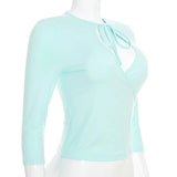  MQTIME  -  Women Light Blue 3/4 Sleeve Crop Top Front Tie Cutout V Neck Wrap Ruched Slim Fit Y2K Casual Elegant Basic Tee Shirts