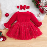 MQTIME  -  0-5Y Toddler Kids Girls Christmas Dress Long Flare Sleeve Lace Sequins Stars Moon Layered Tulle Party Dress Headband