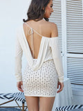 MQTIME  -  Sexy Dress Women Bandages Backless Full Sleeve Hollow Rivet Diagonal Collar Midnight Party Club Stretch Bodycon