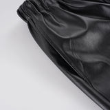  MQTIME  -  Women's Black Faux Leather Wide Leg Culotte Pants Low Waisted With Drawstring Punk Loose Fit Autumn Winter Streetwear Style Chic